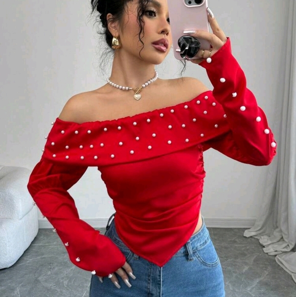 Women's Off-Shoulder Long Sleeve Bubble Casual Blouse - Picture 3 of 4